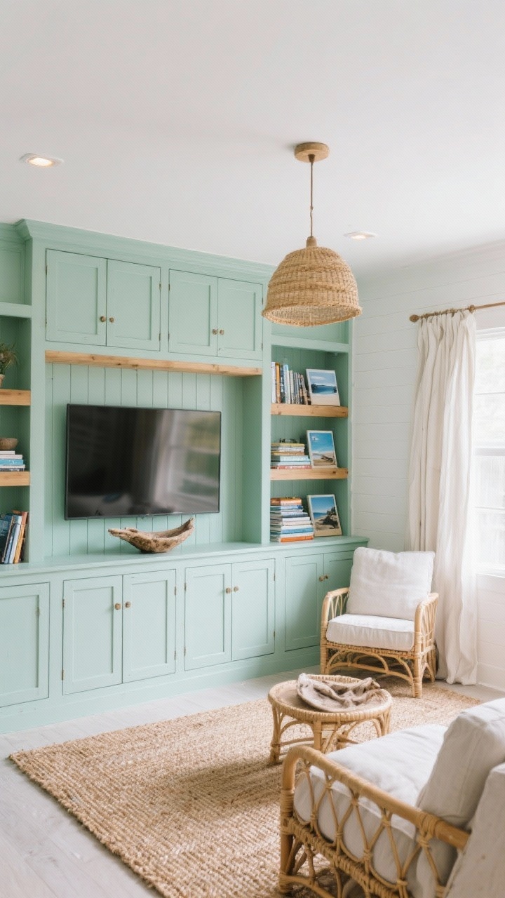 Wide shot, airy coastal vibe from a corner angle: Painted built-ins with beadboard backing frame the TV; open upper shelves and shaker-door base cabinets provide breezy storage. Millwork in sea glass green against white walls, with light oak accents. Slipcovered sofa on a woven jute rug, rattan accent chairs, and linen curtains. Natural woven pendants overhead and small recessed spots tucked into the shelves. Styling includes stacks of coastal photography books and a driftwood bowl. Easy, relaxed, beach house feel.