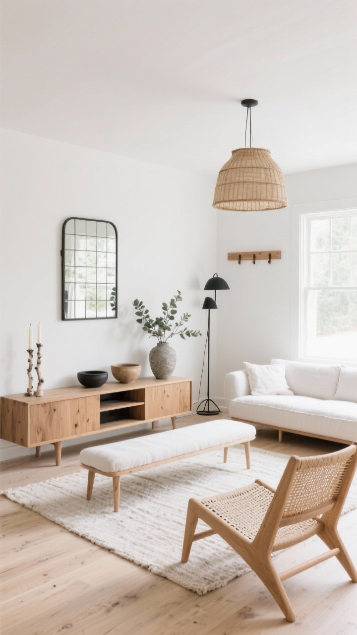Wide shot, airy perspective: Light and airy Scandi farmhouse living room with soft white walls and pale oak floors. A low-profile bench-seat sofa in ivory performance fabric sits atop a pale flatweave rug. Include slim, exposed furniture legs; white-oak lounge chairs with woven paper-cord seats; a honey-toned oak media console; and a simple wood peg rail on the wall. Add birch candle holders, a linen-wrapped drum pendant overhead, ceramic bowls on the console, and black accents: a minimalist floor lamp and a grid-mirror above the console. Place eucalyptus stems in a stone vase. Bright natural daylight, minimal and calm, photorealistic.