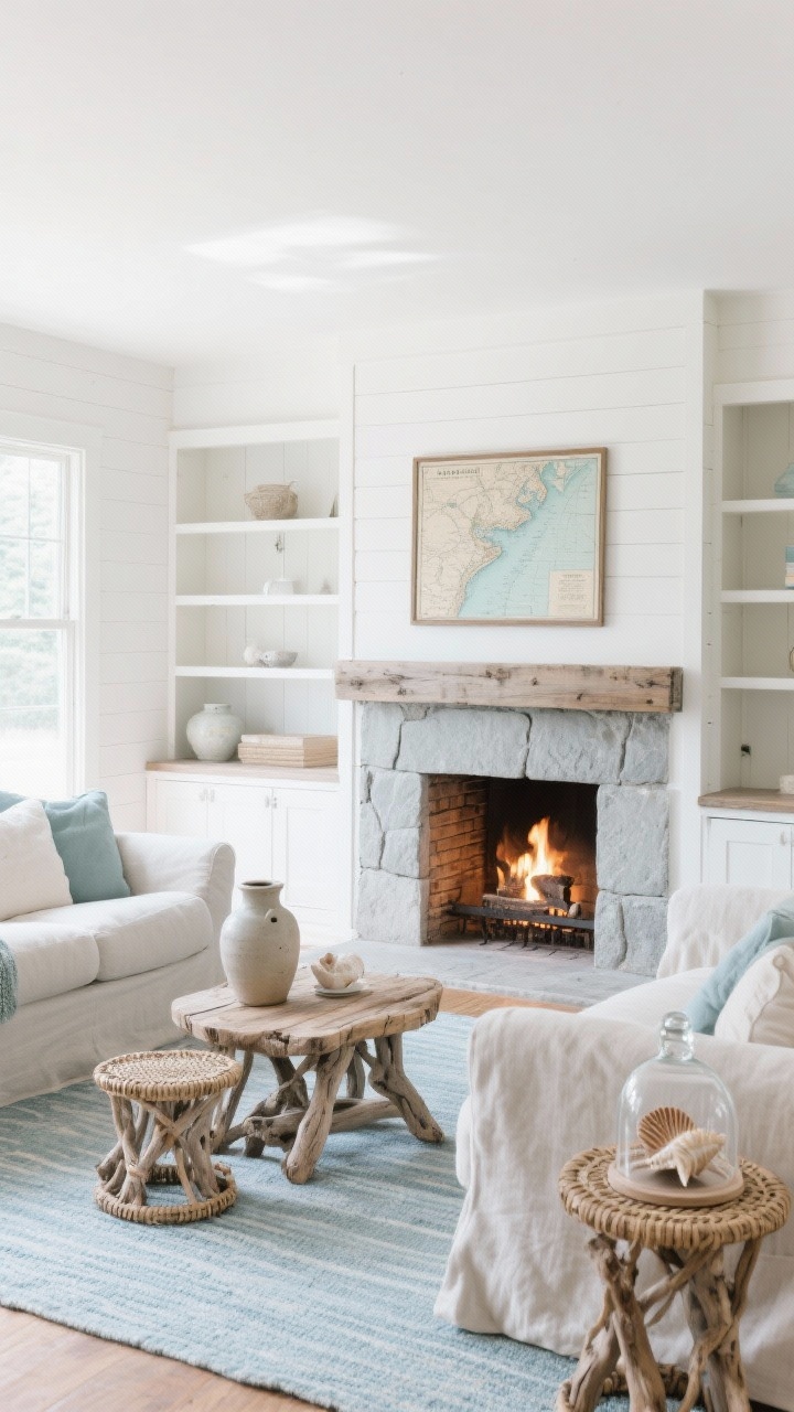 Wide shot, airy straight-on perspective: Coastal calm living room with a limewash stone fireplace surround in soft gray and a pale reclaimed wood mantle; adjacent built-ins back-paneled with white shiplap; linen slipcovered sofa opposite driftwood side tables, woven nesting stools; pale blue flat-weave rug tying the space; styling with ceramic jugs, seashells in a glass cloche, and a framed vintage coastal map; palette white, fog gray, seaglass blue, sunbleached wood; materials limewash stone, linen, rattan, reclaimed wood; bright diffused coastal daylight with the warm fire as counterpoint.