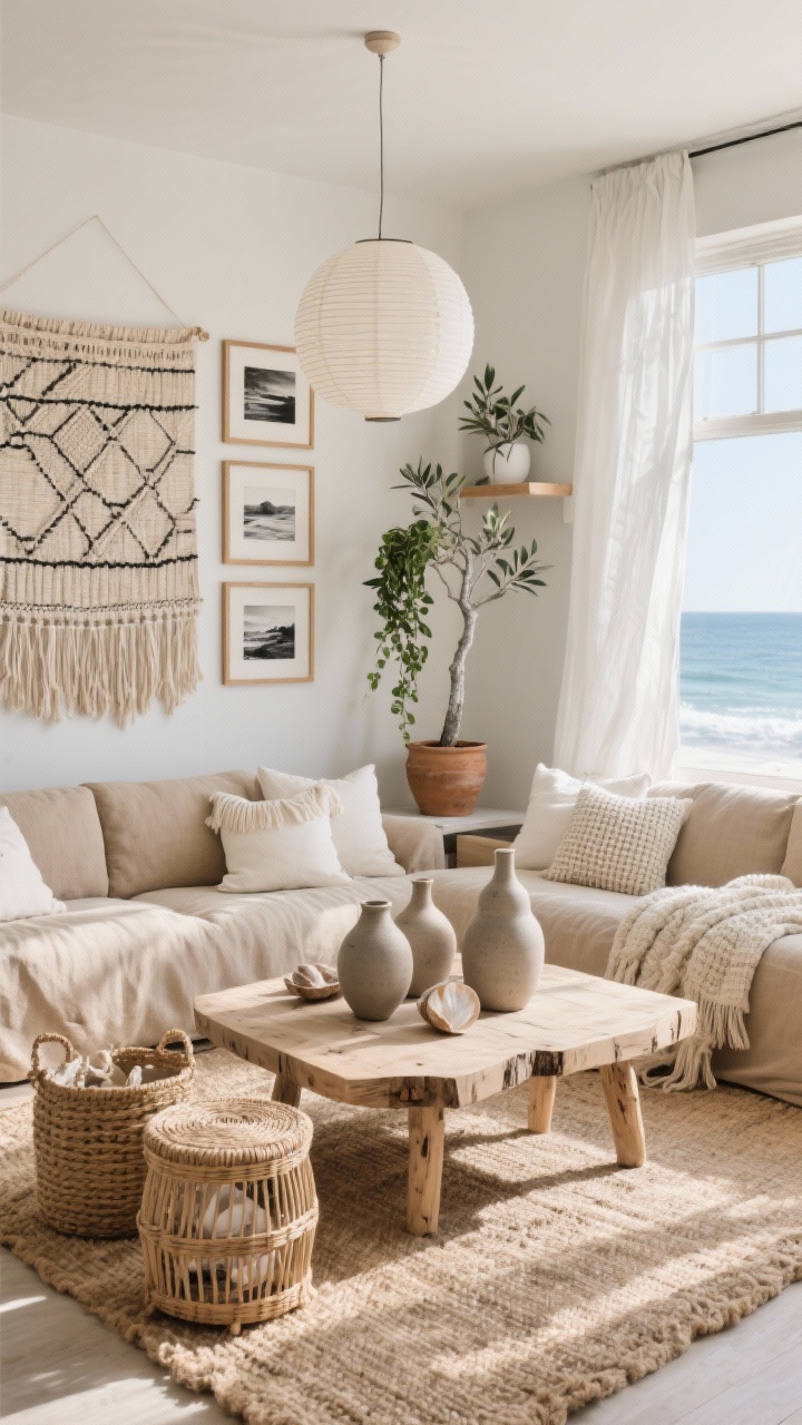 Wide shot: An airy, sunlit coastal-boho living room with a low plush linen sectional in warm oatmeal on a chunky jute rug; bleached-wood live-edge coffee table centered, rattan drum stools nearby, woven seagrass baskets for storage; palette of sand, shell, driftwood, and chalk white; gauze curtains billowing at large windows, waffle-knit throws and stonewashed ivory pillows with subtle fringe; oversized woven wall hanging above, grid of black-and-white coastal prints in slim oak frames on an adjacent wall; silvery olive tree in a clay pot and trailing pothos on a floating shelf; sculptural paper lantern pendant overhead; matte chalk-tone ceramic vases clustered on the table; breezy, grounded, serene mood, photorealistic, no people.