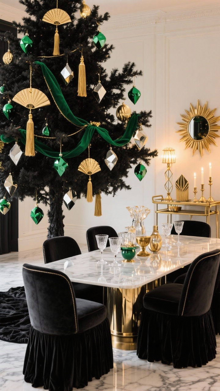 Wide shot: Art-Deco glam dining room with a lush tree near a marble or glossy dining table. The tree features black, emerald, and gold ornaments with mirror-like faceted shapes, emerald velvet ribbon cascading between branches, gold tassel ornaments, and deco fans; warm bright lights enhance metallic reflections. Include velvet dining chairs, a brass bar cart, a sunburst mirror, geometric candlesticks, and crystal coupe glasses on a mixed-metals tablescape. Finish with a black velvet tree skirt. Luxe, moody, celebratory atmosphere, photorealistic, slightly elevated angle to capture both tree and table.