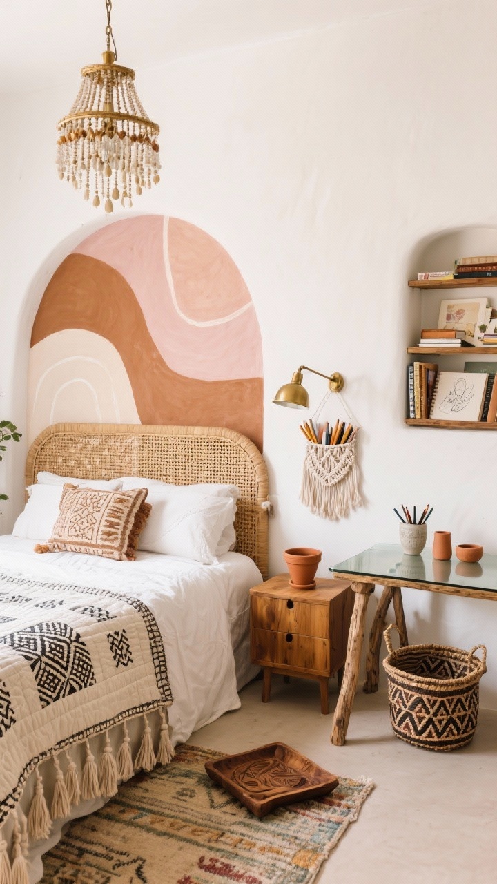 Wide shot, artsy boho bedroom: warm white walls with an arched mural behind the bed in cumin, blush, and clay. Rattan headboard, mango-wood nightstands, and a low slung bookcase filled with sketchbooks and art supplies. Textiles layered: block-printed quilt, tassel pillows, Moroccan-style rug tying the palette together. Macramé wall pocket holding pencils and washi tape. Beaded chandelier overhead, brass swing-arm sconce by the bed. Sawhorse desk with glass top, ceramic pen cups, terracotta pots, carved wood tray, and patterned baskets. Soft, natural daylight.