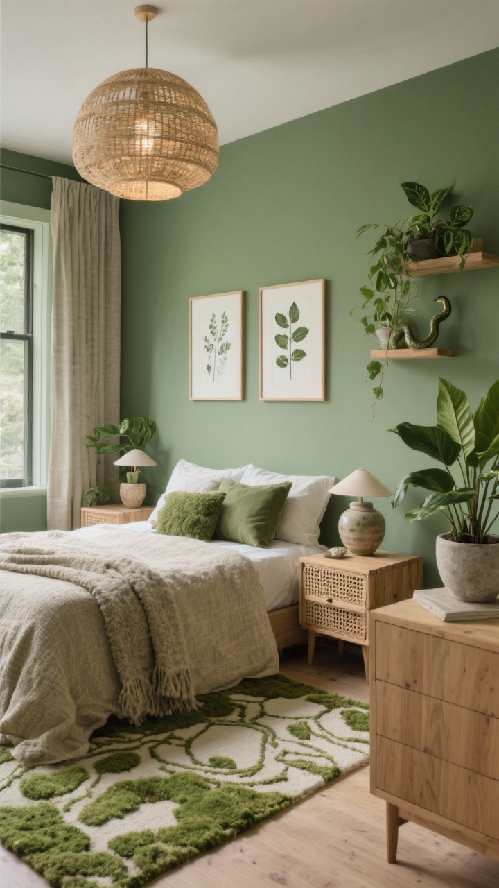 Wide shot, Biophilic Retreat with Mossy Greens: Muted moss green walls surrounding a bed upholstered in textured oatmeal fabric with olive and eucalyptus-toned bedding. Wood-and-cane nightstands, a light oak dresser, and layered stoneware planters with ZZ and snake plants. A woven dome pendant overhead casting a soft, dappled glow. Nubby wool throw on the bed, linen curtains at the window, ceramic lamps on the nightstands. Hand-tufted rug with a subtle organic motif and botanical sketches or pressed leaves in floating frames on the wall. Calming, nature-rooted ambiance. Photorealistic, straight-on view.
