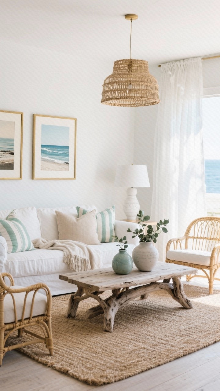 Wide shot, Breezy Coastal Calm living room: light, airy space with soft white walls and sheer curtain panels filtering sun. A slipcovered white/oatmeal sofa with striped pillows and linen throws faces a driftwood-style coffee table on a natural jute rug. Rattan accent chairs flank the scene. Thin brushed brass frames hold framed coastal photography and vintage seascapes. Ceramic vases with eucalyptus on the coffee table. Lighting includes a woven pendant overhead and a whitewashed table lamp. Color palette: soft whites, sandy beiges, ocean blues, sea-glass greens. Photorealistic, beachy, relaxed mood, straight-on perspective.