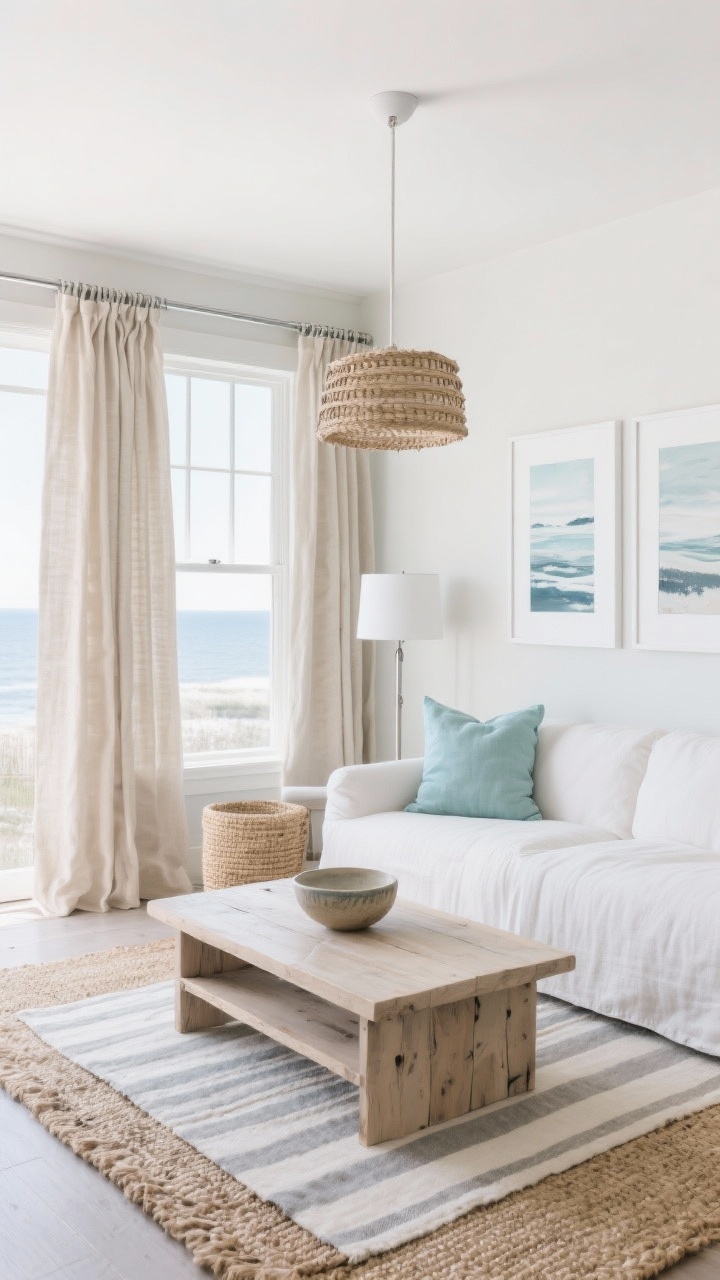 Wide shot, calm coastal living room: oatmeal linen ripple-fold curtains skimming the floor on a slim brushed nickel ceiling track, hung high and wide to elongate tall windows; ivory slipcovered sofa with sea-glass blue pillows; bleached oak coffee table styled with a ceramic bowl; layered rugs—a natural jute base with a thin striped cotton runner atop; coastal abstract art in white frames; woven drum pendant overhead and a slim brushed nickel floor lamp casting soft, airy daylight; color story of sand, ivory, fog, and blue-gray; textures of linen, jute, and weathered wood; photorealistic, bright and breezy mood, straight-on perspective.
