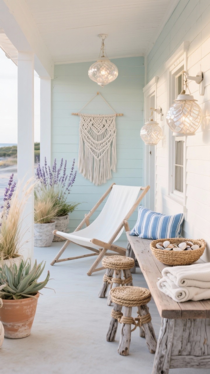 Wide shot, Coastal Boho Breezeway: Driftwood-inspired palette of soft whites, seafoam, and weathered grays. A white sling chair set faces a teak bench with blue-striped cushions; rope-wrapped stools serve as side tables. Woven seagrass baskets hold rolled blankets. A macramé wall piece hangs against shiplap or a pale-painted fence. Coastal plants—lavender, grasses, succulents—sit in bleached terracotta pots. Capiz shell lanterns hang and catch the light for shimmer at dusk. A low bowl of collected shells rests on the bench. Photorealistic, breezy late-day light, straight-on.