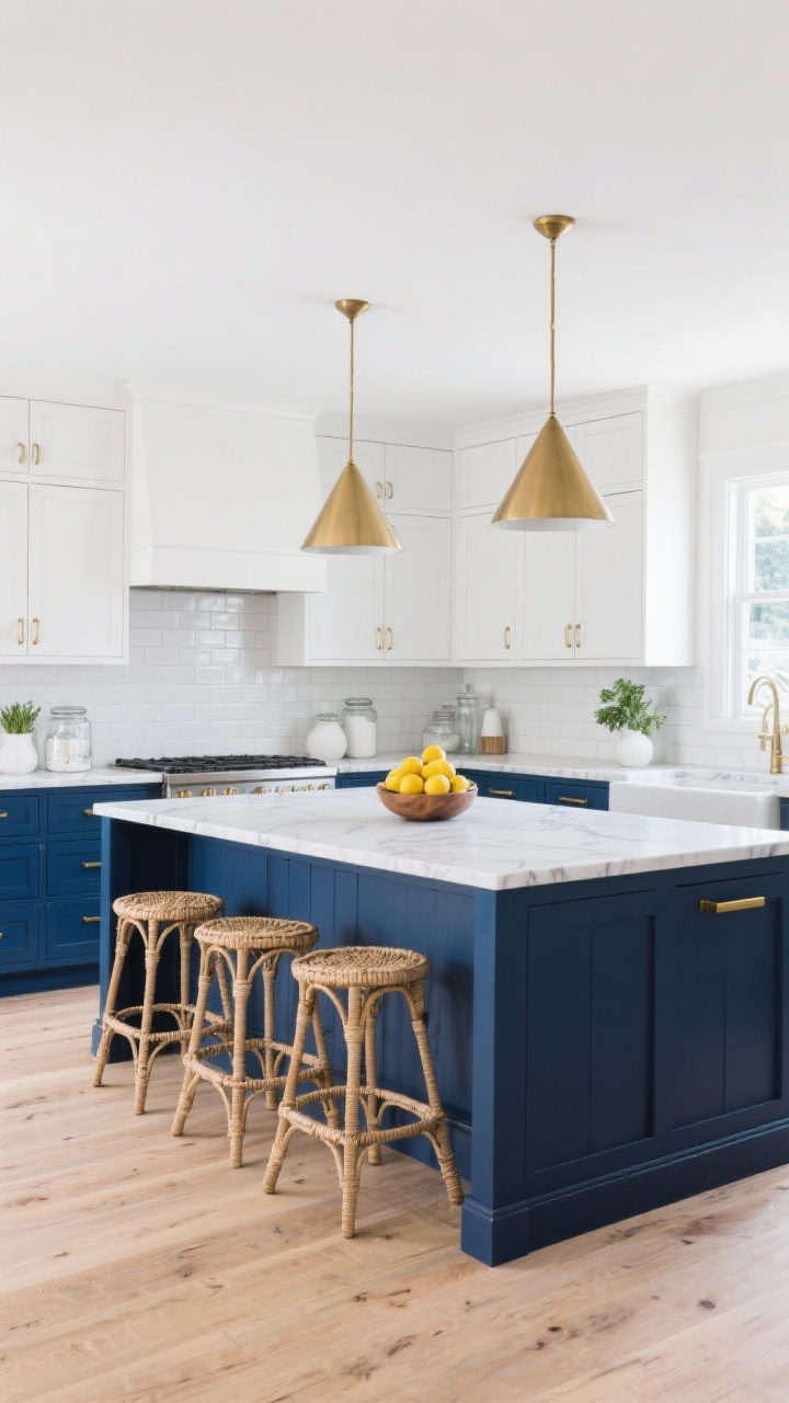 Wide shot, coastal calm kitchen: deep navy blue lower cabinets with brushed brass pulls, bright crisp white upper cabinets, matte white subway tile backsplash, white quartz countertops with faint gray veining, cone-shaped brass pendants over a central island, light oak floors, woven counter stools, minimal decor (glass jars, white ceramics, fresh herbs), a bowl of lemons on the counter; clean, airy seaside morning mood, soft natural daylight, straight-on perspective, photorealistic.