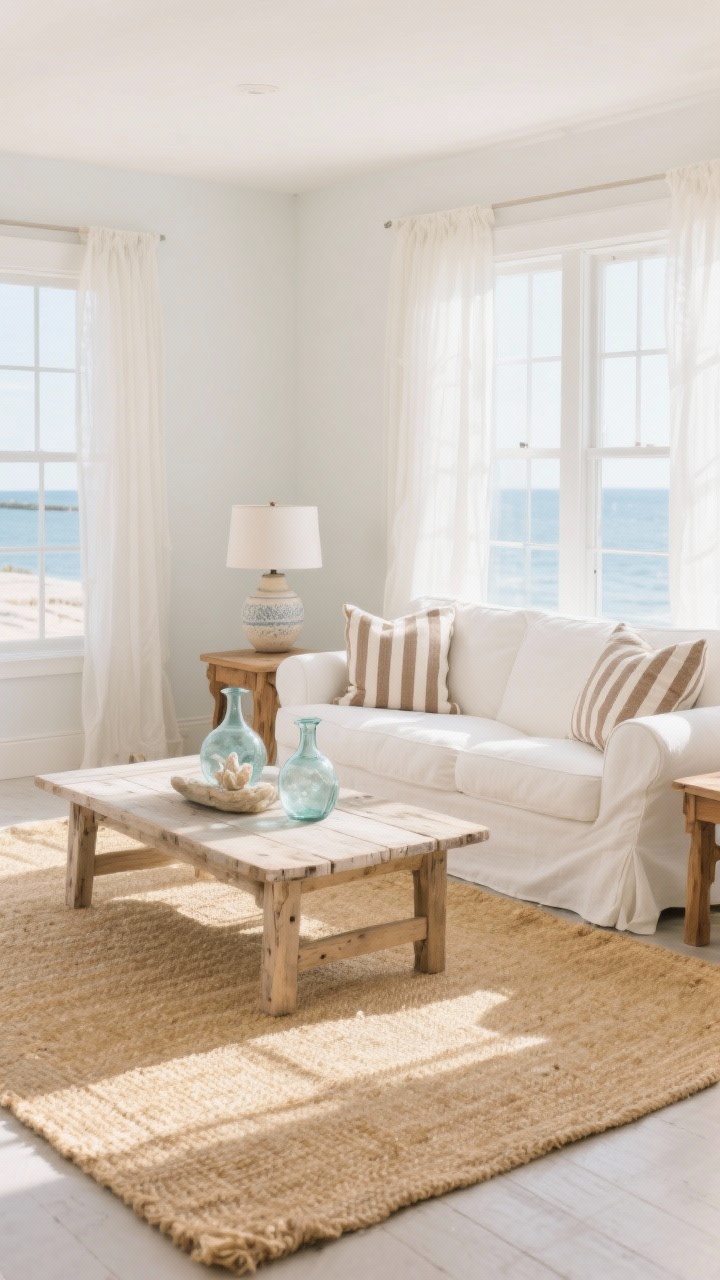 Wide shot, coastal calm living room: a large natural jute rug in soft golden tones anchors the space beneath a creamy white linen slipcovered sofa, reclaimed wood coffee table, and light oak side tables. Palette of ivory, sand, pale gray-blue, and driftwood brown. Add striped ticking pillows on the sofa, a ceramic table lamp on an oak side table, and sea-glass vases on the coffee table. Sun-bleached, airy feel with abundant natural daylight through sheer curtains; no people; photorealistic; subtle coastal accessories, clean walls, breezy beach-house mood.