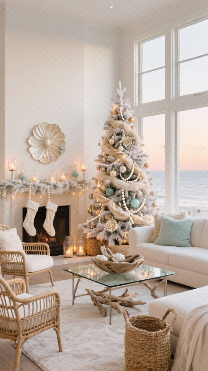 Wide shot: Coastal Champagne lounge with a lightly flocked/frosted tree in a neutral faux fur tree skirt, decorated in champagne, pearl, and sea-glass tones. Ornaments include capiz shell pieces, pearl beads, and satin ribbons; warm white lights dimmed for a sunset-like glow. Furniture: cream sectional, rattan accent chairs, glass coffee table. Accents: driftwood bowl centerpiece, seagrass baskets, linen stockings on the mantel, a few glass hurricanes flickering. Palette of soft neutrals, breezy glam ambiance, photorealistic, slightly backlit from large windows.