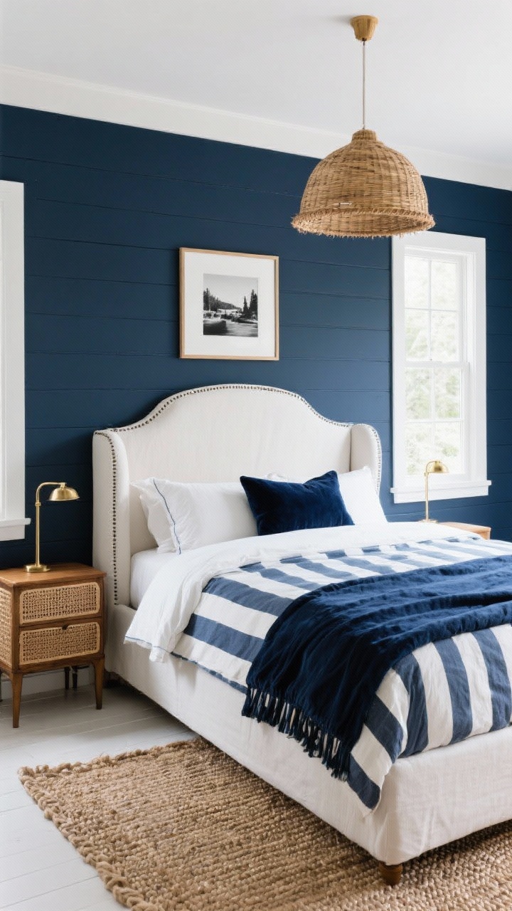 Wide shot, coastal-chic bedroom: matte deep navy walls with bright white trim, a white linen wingback upholstered headboard, striped cotton percale bedding in navy and white, navy velvet throw pillow; rattan pendant light overhead, jute rug underfoot, cane-front nightstand with polished brass sconces flanking the bed; framed black-and-white photography above the headboard; clean daylight from a window, crisp and airy mood, photorealistic.
