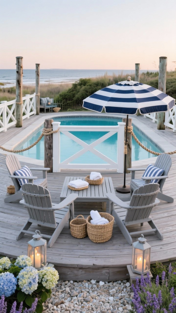 Wide shot, Coastal Cottage Boardwalk Oasis: Driftwood-toned decking encircling the pool with a white cross-brace railing and rope accents between posts, plus weathered wooden pilings as sculptural details. Soft gray Adirondack chairs face a striped navy-and-white umbrella over a slat-top coffee table; seersucker cushions and seagrass baskets for towels. Perimeter grounded with crushed shell/pale pea gravel, hydrangeas and lavender planting, and outdoor lanterns with flickering candles. Palette of weathered gray, clean white, navy, sea-glass blue; soft, warm evening light, no people.