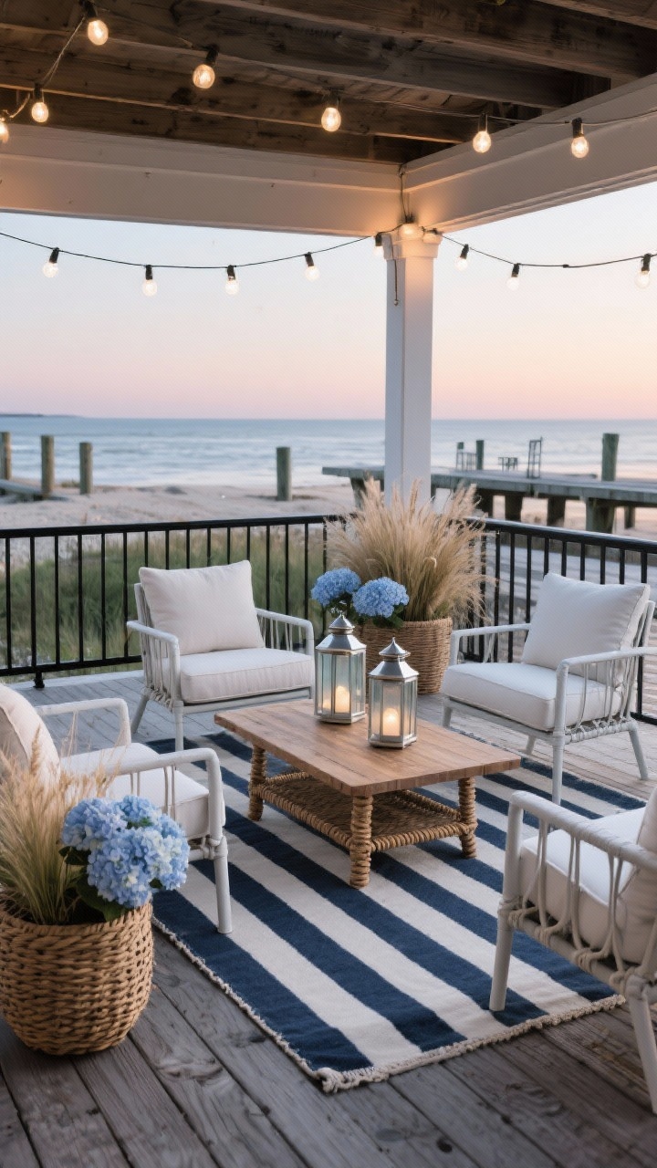Wide shot, coastal deck at dusk: a weathered cedar deck finished in a cool driftwood gray semi-transparent stain with visible grain; navy-and-white striped outdoor rug under white powder-coated metal chairs with soft linen cushions; low teak coffee table with rope-accented lanterns (brushed nickel tops, frosted glass); rattan planters holding potted sea grasses and pale blue hydrangeas; brushed nickel hardware and black metal railing minimal in frame; warm soft white bulb string lights overhead creating a dock-at-sunset glow; breezy, beach boardwalk vibe, photorealistic.