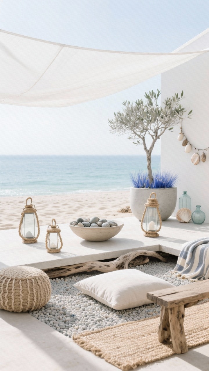 Wide shot, Coastal Driftwood Retreat: a low driftwood platform set on pale pea gravel facing a sea breeze, palette of sand, seafoam, chalky white with hints of sun-washed blue; linen floor cushion centered, rope-handled lanterns on either side, shallow ceramic bowl filled with smooth beach stones; white shade sail overhead filtering soft daylight; natural-fiber poufs, reclaimed wood bench, woven jute mat nearby; silvery olive tree in a cement planter with blue fescue and sea lavender; accents of a shell garland, glass floats, and a muted striped throw; minimalist beach house mood, airy and uncluttered, photorealistic, straight-on angle.