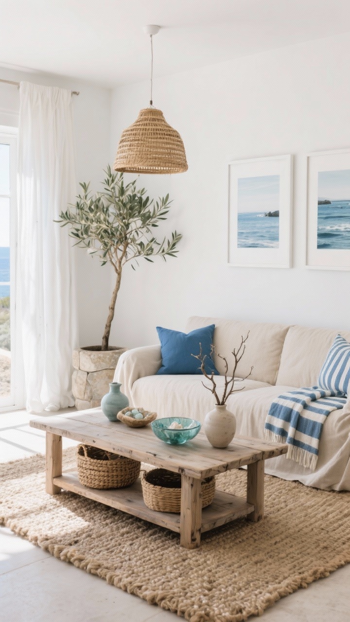 Wide shot, coastal linen lounge: a low-profile sand-colored linen slipcovered sofa with ocean-blue pillows and striped throws sits on a chunky jute rug; a weathered oak coffee table with a bottom shelf holds woven baskets, sea glass bowls, and ceramic vases with simple branches; white-framed seascape prints hang on crisp white walls; a tall olive tree in a stone planter adds height; a woven rattan pendant light and airy white curtains diffuse bright natural sunlight; palette of sand, sky blue, white, and driftwood tones; photorealistic, light and breezy mood.