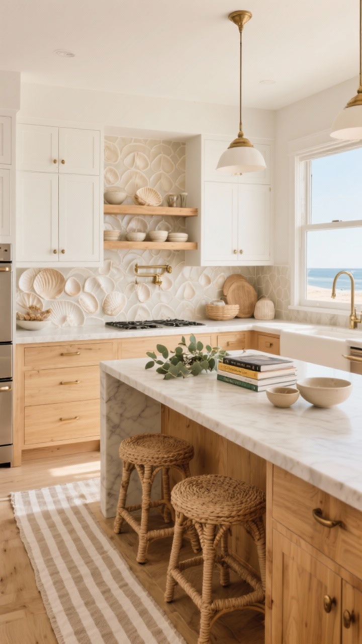 Wide shot: Coastal-warm kitchen with sandstone beige lower cabinets and warm white uppers, a large honey-toned white oak island and matching floating shelves. Cream quartzite countertops keep things light. Handcrafted backsplash tile in seashell/buff with a gentle ripple finish. Hardware in warm nickel/champagne bronze. Striped cotton runner and woven jute stools. Styled with eucalyptus, a stack of cookbooks, and ceramic bowls in sand and bone. Airy beach-morning light, photorealistic, slightly elevated perspective.