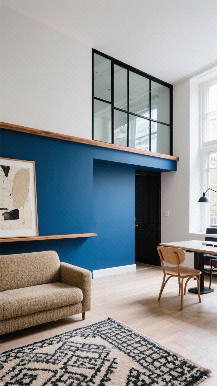 Wide shot, color-blocked divider: a painted inky blue half wall in satin finish topped with a slim oak ledge, above which sit thin black-framed Crittall-style glass panels in two or three panes; living side includes a tweed sofa in oat, oversized art leaning casually on the ledge, patterned wool rug; opposite zone set as a compact workstation or café table with bentwood chairs; palette inky blue, black, oat, oak; privacy below with light and air above; bright daylight, straight-on architectural composition, photorealistic.