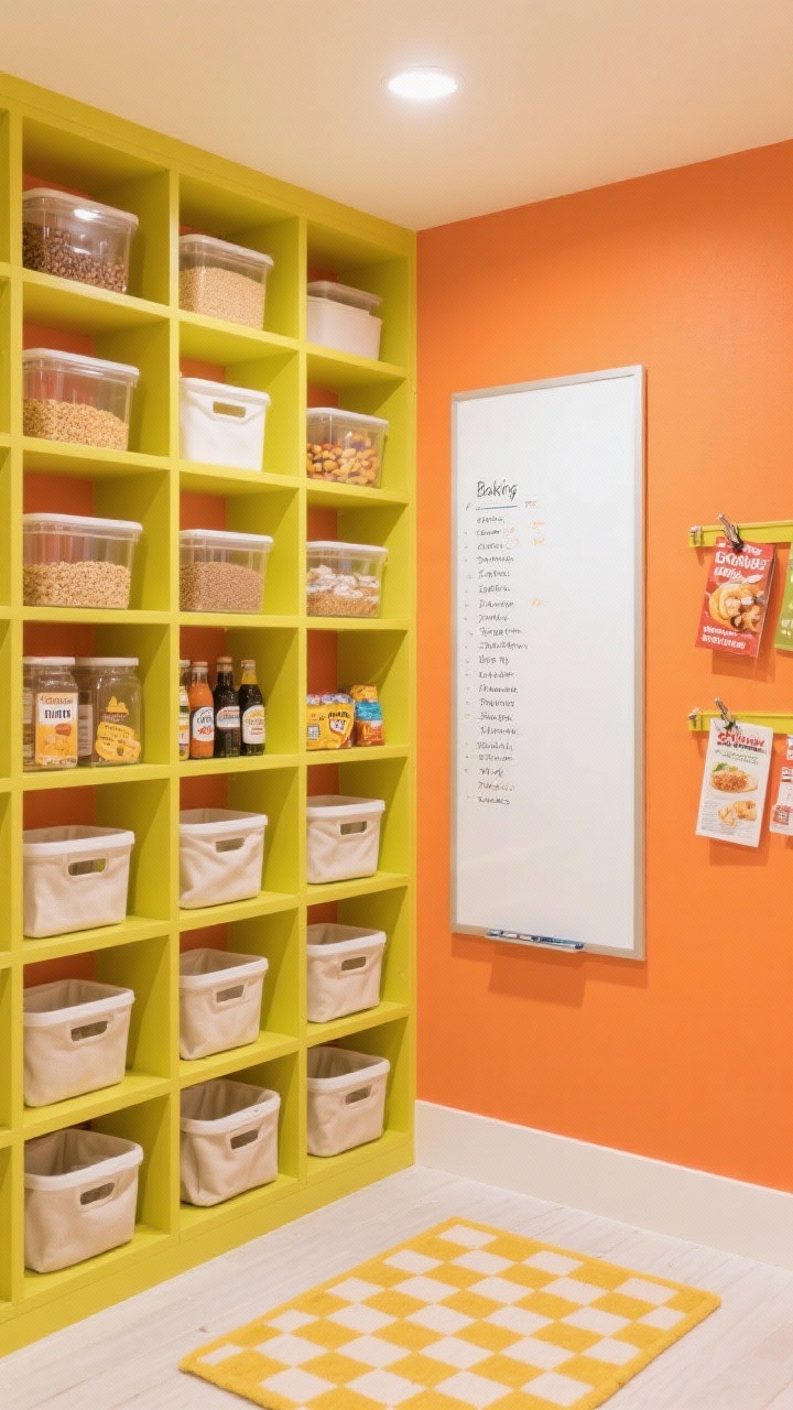 Wide shot, color-pop pantry: grid of open cube shelves, entire interior painted a bold citrus coral or sunny chartreuse. White and clear containers neatly organized by category in each cube (baking, grains, snacks, beverages), neutral fabric bins balancing the color. A whiteboard panel on one side with a running list, a clip rail with coupons and recipes, and a checkerboard floor mat adding playful energy. Even bright lighting, crisp photorealism, energetic yet orderly mood.