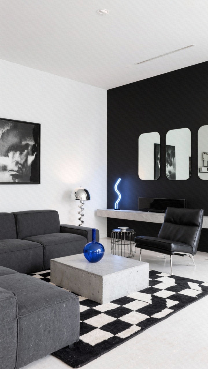 Wide shot, contemporary and crisp: A low-slung charcoal modular sectional in a modern living room; walls are crisp white with a single black feature wall holding a floating media console. Concrete coffee table centered on a bold black-and-white geometric rug. Chrome floor lamps and a sculptural black leather chair as accents. Oversized monochrome art and smoked mirrors on the black wall, wire-frame side tables. One pop of electric cobalt in a vase (or neon light art) providing contrast. Clean, decisive lighting with balanced ambient and accent light. Photorealistic, no people.
