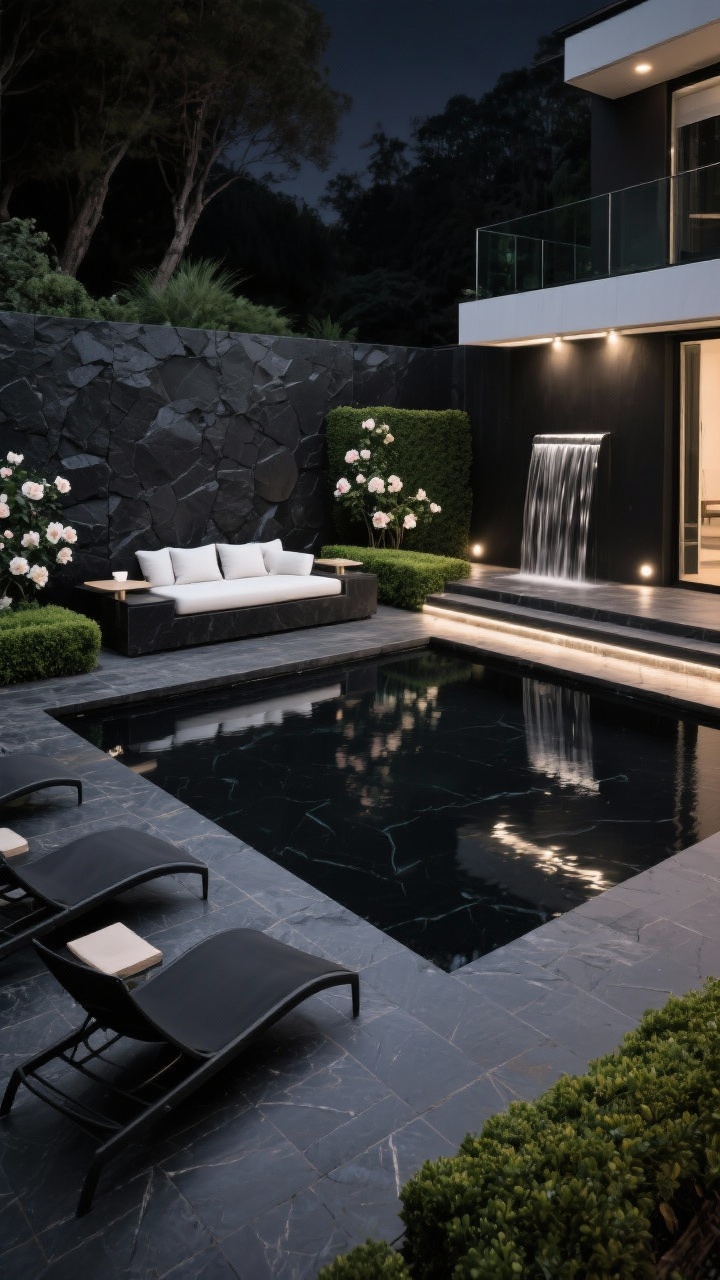 Wide shot, Contemporary black-quartz hideaway: compact pool finished in black quartz creating an inky, reflective surface; perimeter framed with granite or dark porcelain pavers; built-in daybed platform with integrated side tables; landscaping with precise boxwood hedging and glossy camellias; low black sling loungers and a linear outdoor sofa with crisp white cushions; recessed step lights and pin-spot uplights grazing a textured dark wall; slim stainless-steel waterfall and a frameless glass wind screen. Night scene, moody five-star ambiance, photorealistic.