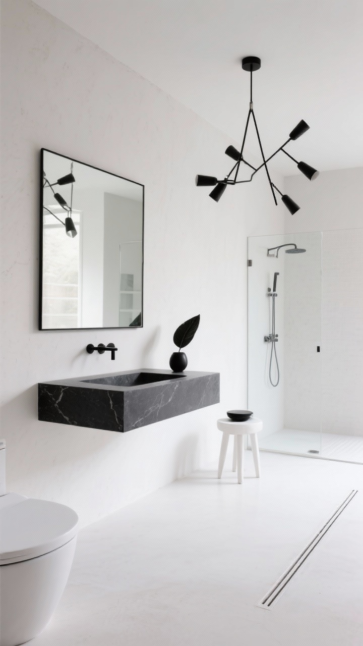 Wide shot — Contemporary Minimalist gallery feel: An ultra-clean bathroom with seamless white microcement walls and curbless white floor with a linear drain, a floating black stone vanity, an ultra-thin black-framed mirror spanning nearly full height, an open shower area, and a sculptural black mobile chandelier with adjustable arms casting dramatic shadows; accessories kept spare—a white stool, a black vessel, one architectural leaf; crisp negative space, photorealistic, no people.