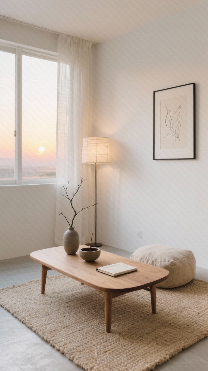 Wide shot, corner angle: A Japandi sunrise nook with a low ash wood meditation table with rounded corners centered on a pale woven jute rug, warm white walls washed by early morning light through a tall window with sheer curtains, rice-paper floor lamp casting a soft sunrise glow, stoneware incense bowl, single branch in a matte ceramic vase, and a linen-covered journal on the table, buckwheat floor cushion in oat beige with matching zabuton, thin black-framed minimalist line drawing on the wall, palette of oat, ash, warm white, and stone gray, photorealistic, calm and whisper-quiet.