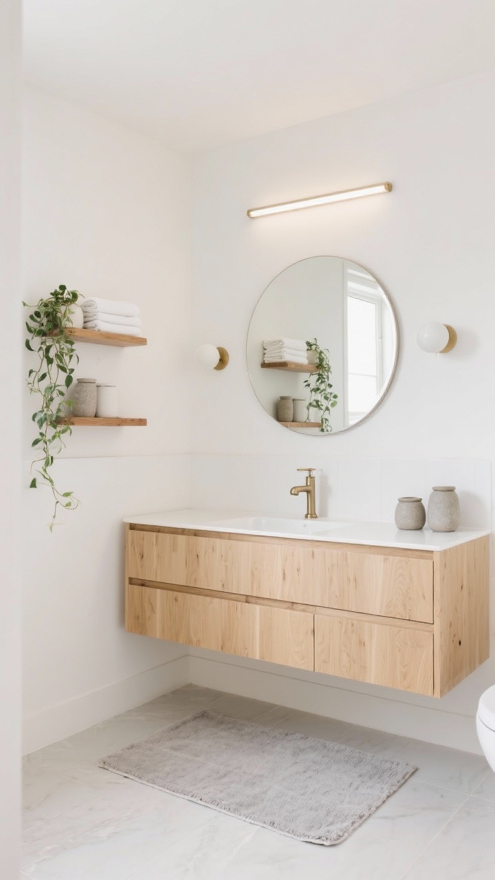 Wide shot, corner angle: Soft modern Scandinavian bathroom with warm white walls and a blonde wood vanity with flat-front drawers. A round rimless mirror floats above a slim sink with brushed nickel fixtures. Oak floating shelves hold neatly folded towels, a trailing plant, and stoneware canisters; a light-gray bath mat softens the floor. Lighting from simple globe sconces or a slim LED vanity bar creates an airy, cozy glow. Palette: warm white, pale oak, soft gray, muted brass/nickel.