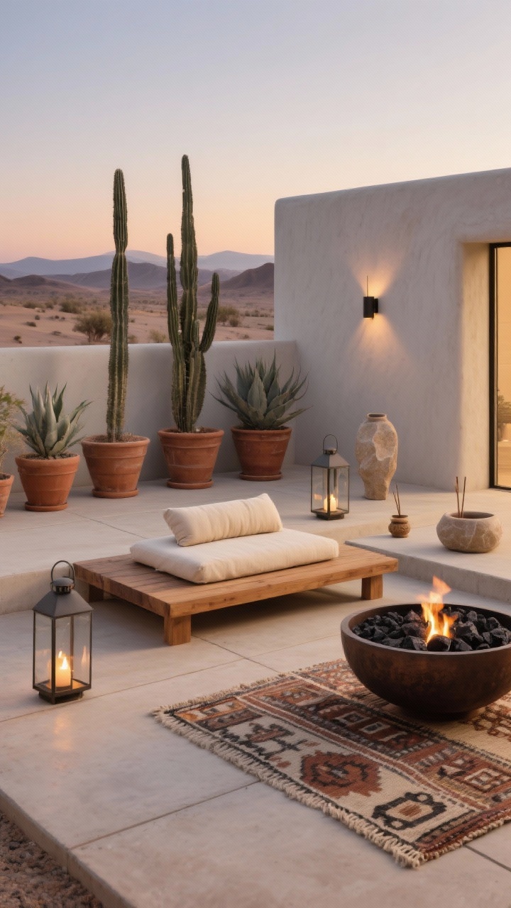 Wide shot, Desert Minimal Terrace: smooth concrete slab with sand-colored pavers, grouped terracotta planters holding tall cacti and sculptural agave; low cedar platform with a single cushion and slim bolster in creamy sun-safe fabric; fire bowl filled with black lava rock flickering at dusk; palette of sand, rust, bone, and charcoal; matte metal lanterns, a flat-weave kilim mat, minimal wall sconce, ceramic incense holder, sculptural stone; crisp shadows and warm twilight, photorealistic, straight-on composition.