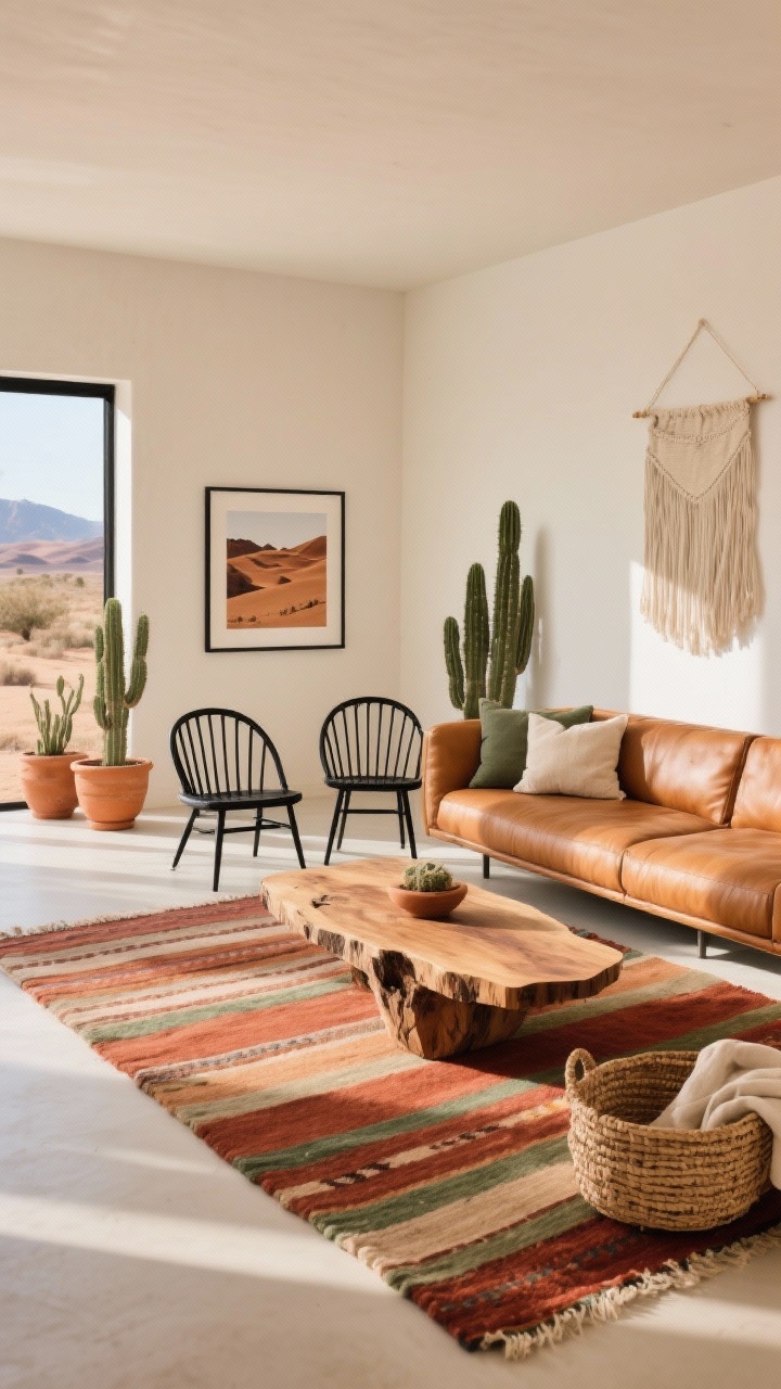 Wide shot, desert modern: a flatweave kilim rug in earthy rust, clay, and sage stripes grounds a streamlined seating area. A structured tan leather sofa, two black spindle accent chairs, and a live-edge wood coffee table. Minimal art: framed desert photography and a linen wall hanging. Terracotta planters with cacti, woven baskets, linen throw pillows. Colors of rust, tan, sage, bone, matte black. Bright, sunlit interior with warm highlights; photorealistic, calm and grounded vibe.