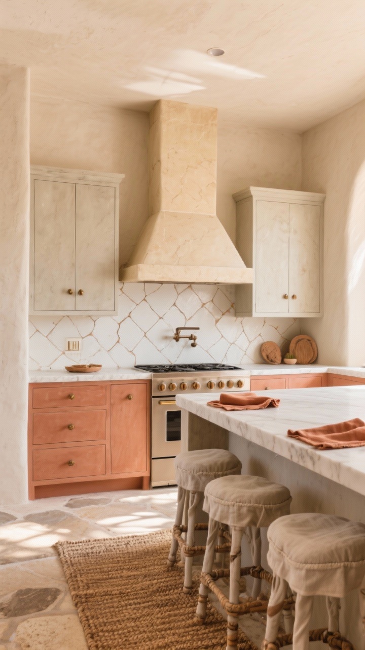 Wide shot, desert modern kitchen: muted terracotta lower cabinets with a chalky finish and brushed bronze hardware, sand/putty-toned uppers, creamy quartzite countertops with subtle movement, handmade off-white backsplash tiles with irregular edges, tumbled limestone floors, a plaster-look vent hood as a focal point, woven rug runner and linen barstools, clay-toned napkins on the island; warm sun-washed lighting, slight corner angle, photorealistic.
