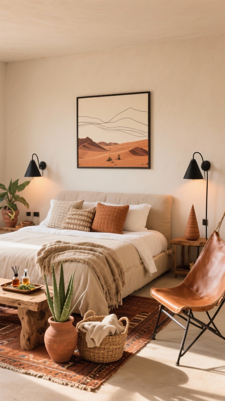 Wide shot, Desert Modern Retreat bedroom: warm neutrals of terracotta, clay, camel, and bone with matte black accents; oatmeal linen upholstered bed; Moroccan-style flatweave rug in cinnamon tones; earthenware pots with snake plant and aloe; chunky wooden bench and leather sling chair; cone-shade bedside lamps/black metal sconces with warm lighting; textiles including waffle blanket, woven pillows, heavy cotton throw; minimal desert landscape art and abstract line drawings on walls; tray with herbal tea, small essential oil diffuser, woven basket with extra blankets; sunlit, earthy, edited, photorealistic.