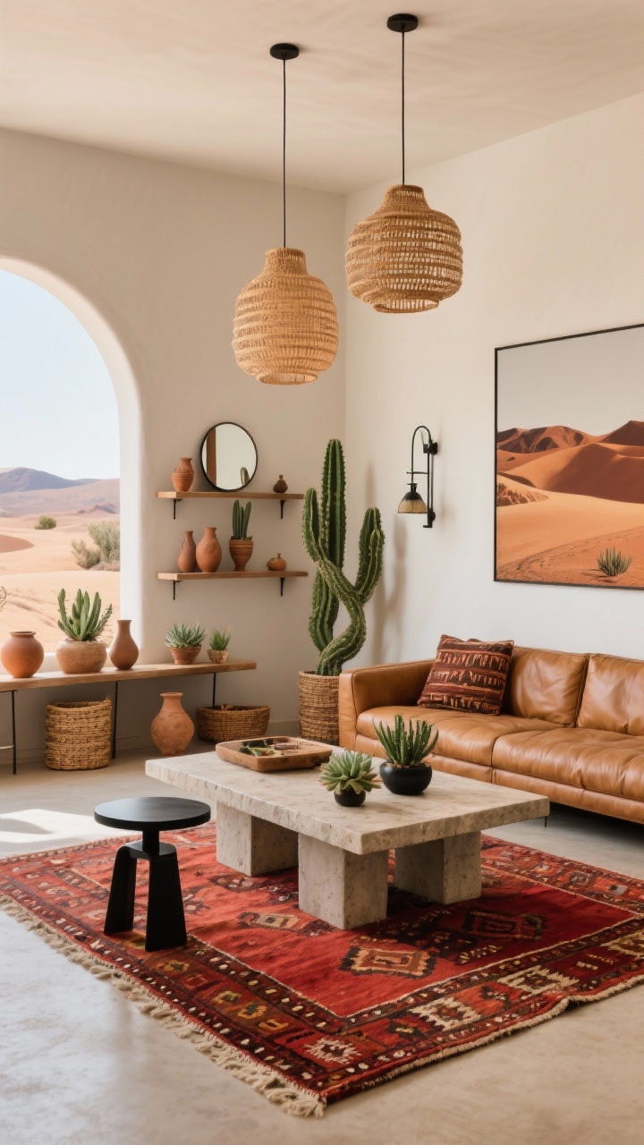 Wide shot, Desert Modern Warmth living room: camel leather sofa with a kilim/Moroccan rug in warm reds and rusts. Concrete or travertine coffee table centered, flanked by black metal side tables. Walls feature arched mirrors and abstract desert prints. Shelves styled with earthenware pottery, woven baskets, and a few succulents; a sculptural cactus or snake plant stands nearby. Lighting from woven pendants and an iron sconce creates afternoon glow. Palette: terracotta, sand, clay, cactus green, matte black. Photorealistic, clean lines, corner perspective.