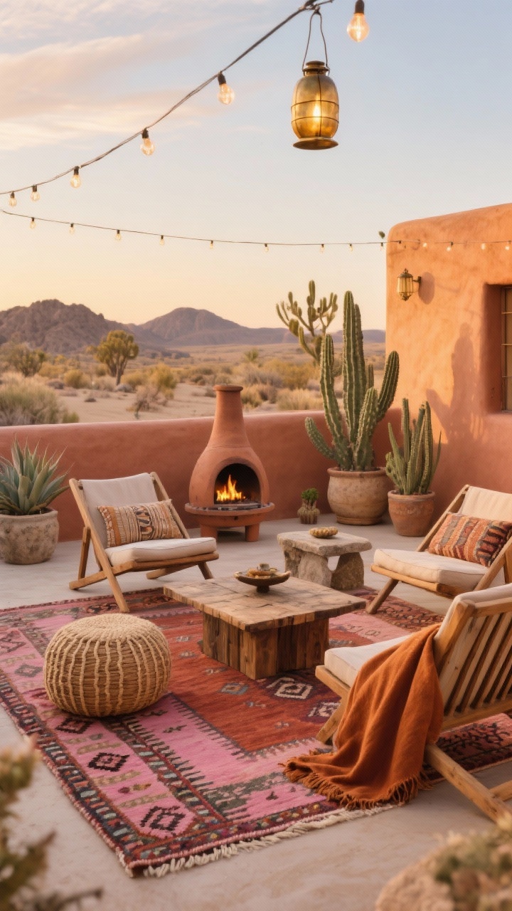 Wide shot, Desert Nomad Lounge: A sunlit Joshua Tree-inspired patio in terracotta and sand tones, centered on a flat-woven kilim rug in rust and desert pinks. Low-slung wood lounge chairs with canvas cushions flank a slatted teak coffee table with weathered patina. Layer textiles with tribal motifs, a woven jute pouf for extra seating, natural stone side tables, and planters of cactus and agave. A clay chiminea glows as dusk approaches. Warm string lights overhead and a hammered brass lantern add ambient light. A cinnamon or ochre linen throw is draped casually. Photorealistic, golden-hour lighting, corner angle.