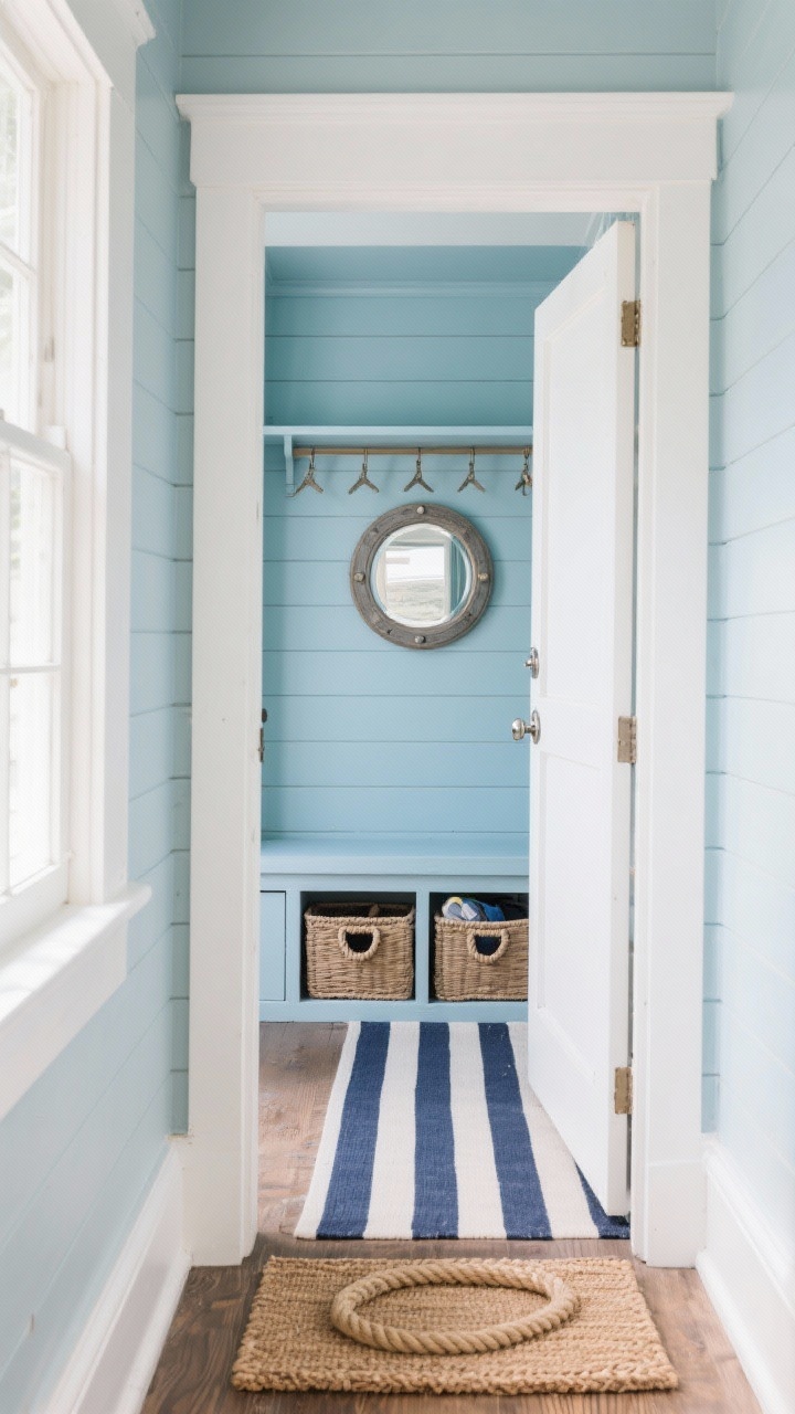 Wide shot from doorway into a coastal cupboard conversion: a former closet turned mini mudroom with sea-salt blue beadboard interior, built-in bench with cubbies below, bottom section closed with Shaker-style cabinet doors to hide clutter; rope-handled bins, brushed nickel hardware, a round porthole mirror centered above; a navy-and-cream striped runner leading to the unit, crisp white trim, and a woven doormat resembling sailor’s rope; bright, breezy daylight.
