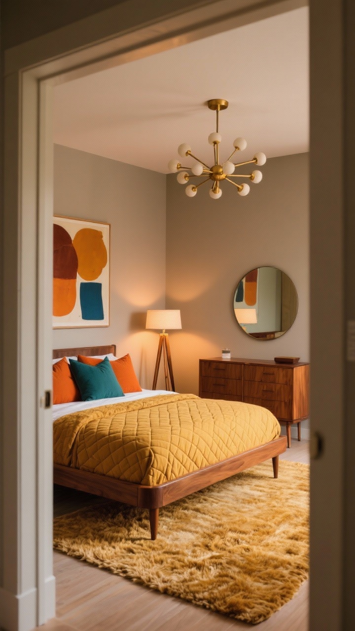 Wide shot from doorway: Mid-century bedroom anchored by a walnut bed with tapered legs, topped with a mustard matelassé coverlet and geometric cushions in burnt orange and teal. A tripod floor lamp glows beside a low walnut dresser with a round mirror above. Overhead, a brushed-brass sputnik chandelier. Walls in soft putty taupe, with abstract art featuring amber, rust, and sapphire pops. A nubby loop-pile rug in golden wheat grounds the room. Warm, amber evening lighting, crisp photorealism.
