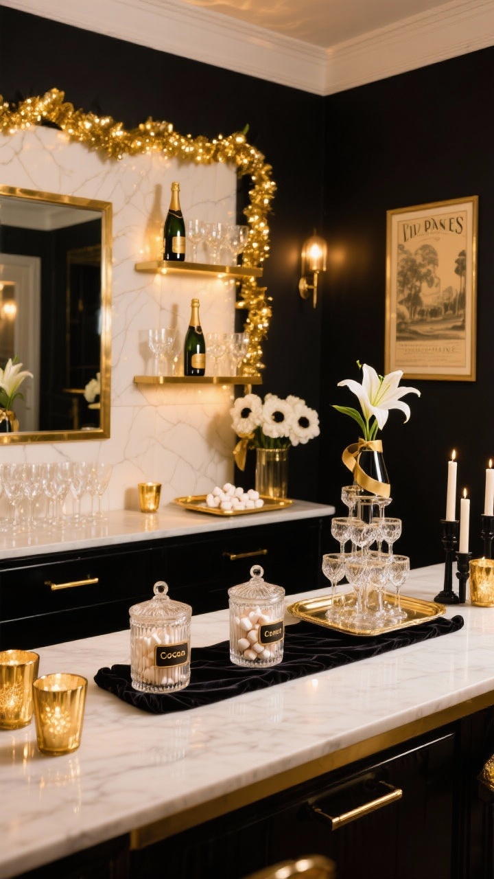 Wide shot, Gilded Glam Champagne Bar setup: black and cream backdrop with brushed gold hardware, mirror-backed shelves sparkling; tray with cut-crystal glassware on a velvet runner across the island; fluted glass canisters labeled for cocoa and marshmallows; gold mercury glass votives scattered along the backsplash, a slim pre-lit garland woven with gold ribbon, champagne tower with bottle chiller; minimal luxe florals (white amaryllis or anemones), black taper candles, framed vintage French poster; evening party lighting with warm highlights on gold, photorealistic, no people.