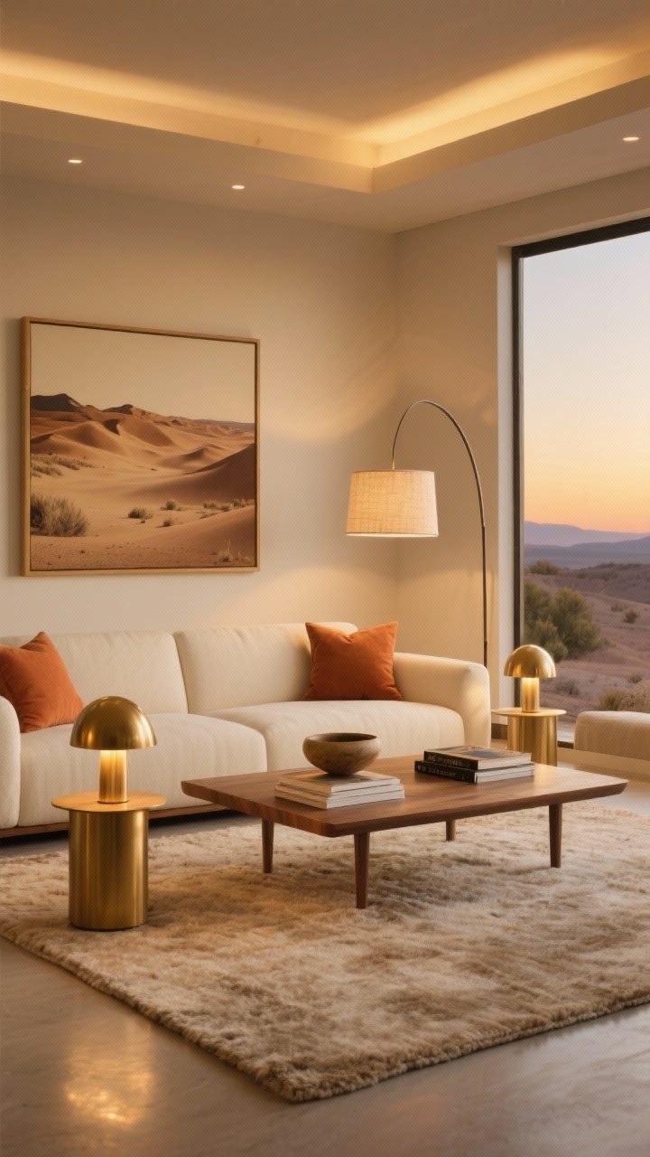 Wide shot, Golden Hour Modern living room at dusk: a cream sectional on an oatmeal textured wool rug, low walnut coffee table with a couple of art books, brushed brass dome table lamps on streamlined side tables glowing at 2700K, a slim arc floor lamp with a linen drum shade sweeping over the seating, palette of buttery neutrals, soft gold, and muted terracotta accents (pillows and a small ceramic bowl), large framed desert-toned artwork on the wall, soft warm layered lighting with gentle reflections on brass, no people, photorealistic.