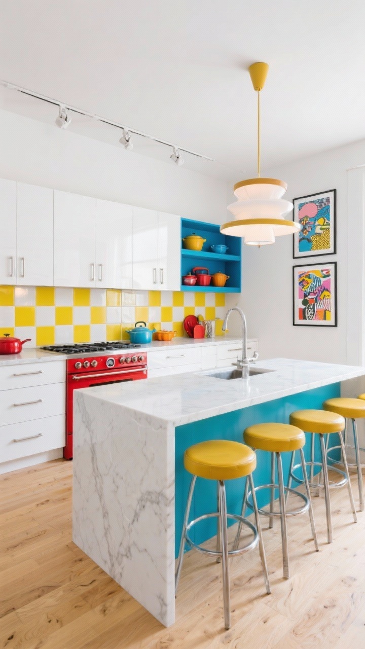 Wide shot, Graphic Pop Art Studio in Primary Brights: high-gloss white lacquer cabinets as a clean canvas, electric blue open shelving, and a fire-engine red range; bold checkerboard backsplash tiles in white and sunny yellow; a solid white quartz waterfall island with color-blocked barstools; slim linear polished chrome pulls; pale maple flooring; track lights plus a sculptural oversized pendant overhead; graphic prints framed on the wall and bright enamel cookware on display; bright, even gallery lighting, photorealistic.