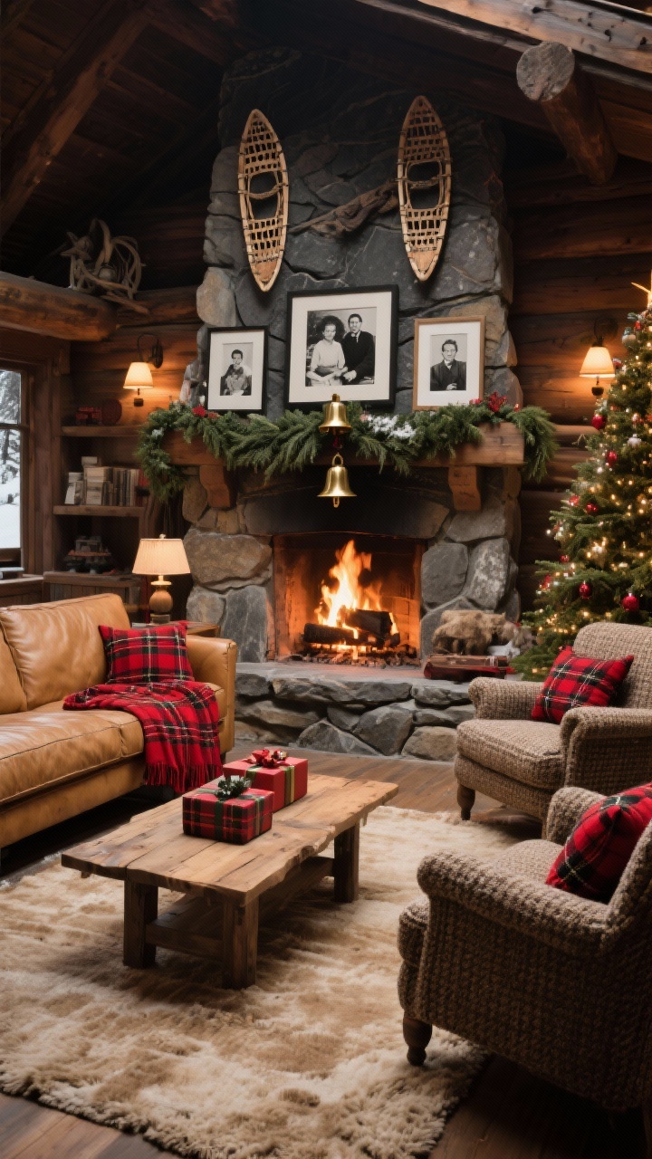Wide shot, heritage lodge living room: a roaring stone fireplace with cedar garland and brass bells on the mantel, framed black-and-white family photos, camel leather sofa with a red tartan throw draped over the arm, two tweed armchairs with red-and-black tartan lumbar pillows, chunky nubby warm neutral rug, raw wood coffee table, plaid-wrapped presents under a Christmas tree, vintage snowshoes mounted above the mantel; color palette camel, deep red, charcoal, evergreen; warm firelight and lamplight, photorealistic, cozy vintage ski lodge vibe.