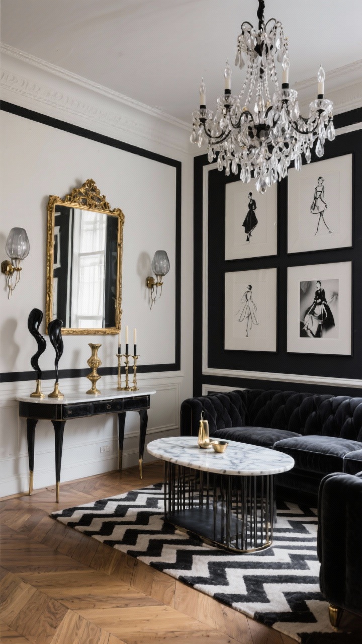 Wide shot, High-Contrast Parisian Noir salon: soft ivory walls with black picture-frame molding (or charcoal walls with white trim), chevron wood floors (or chevron rug), velvet sofa in deep charcoal, marble bistro table, large gilded frame mirror reflecting light; black-and-white photography and fashion sketches arranged gallery-style, sculptural candlesticks on a console; metals in unlacquered brass and blackened steel; smoky glass sconces and a vintage crystal chandelier providing moody glow; dramatic, editorial, chic, photorealistic, no people.
