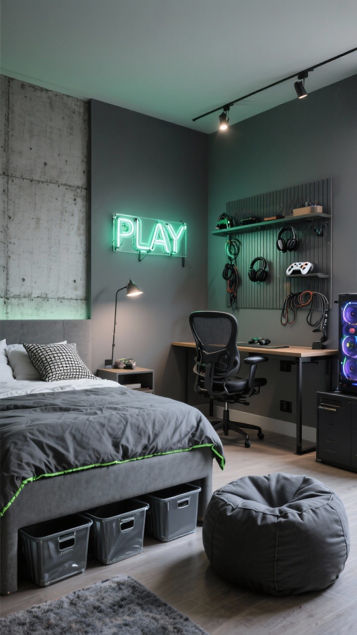 Wide shot, industrial gamer den with zones: concrete-look wallpaper on the main wall, matte graphite paint elsewhere. Bed placed against the quiet wall with graphite duvet and lime piping, mesh throw pillow. Opposite, a gaming desk with an ergonomic black mesh chair, floating shelf for controllers, and a slatwall panel neatly hanging headphones and cables. Neon sign reading PLAY glowing in a single color. Beanbag/oversized floor cushion corner in charcoal for friends. Underbed rolling bins and a slim game tower. Cool, controlled lighting with neon accent and practical task lights.