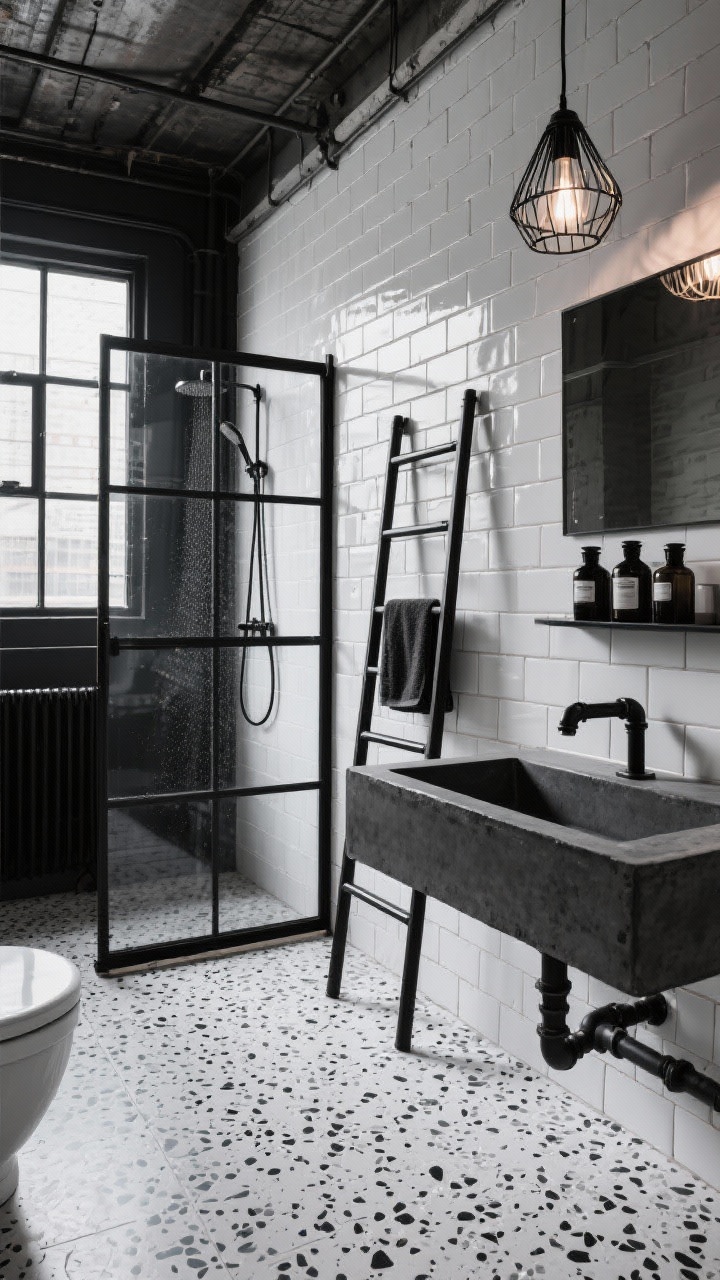 Wide shot — Industrial Loft: Moody urban bathroom showcasing a steel-framed shower enclosure with a black factory-window grid, white terrazzo floor with chunky black aggregate, semi-gloss white brick-bond wall tile with grey grout, a black concrete trough sink with exposed pipework, a black ladder towel rack, caged pendant light casting graphic shadows, and monochrome apothecary bottles; gritty yet polished, high contrast, photorealistic, no people.