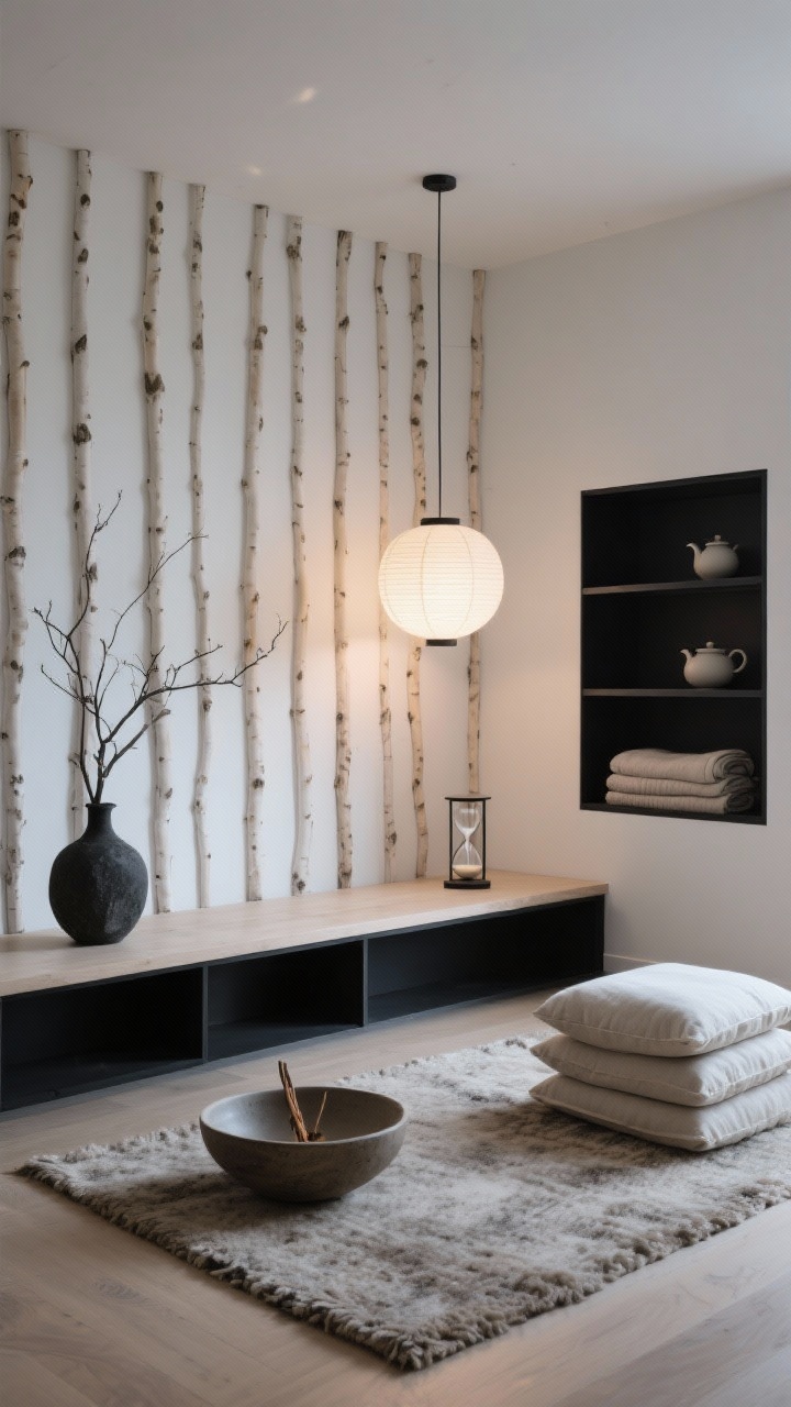 Wide shot, Japandi Calm meditation room: floor-to-ceiling birch wood slat accent wall paired with cloud-white walls and matte black accents, a low-profile platform meditation bench centered on a nubby textured wool rug, tidy stack of linen floor cushions nearby. Purposeful decor: a shallow ceramic bowl for palo santo, a single black stone vase with bare branches, and a paper lantern pendant glowing like moonlight. Built-in shelving with folded throws, a sand timer, and one perfect teapot. Soft white, pale birch, charcoal black palette, clean and restrained mood, evening ambient glow, photorealistic.