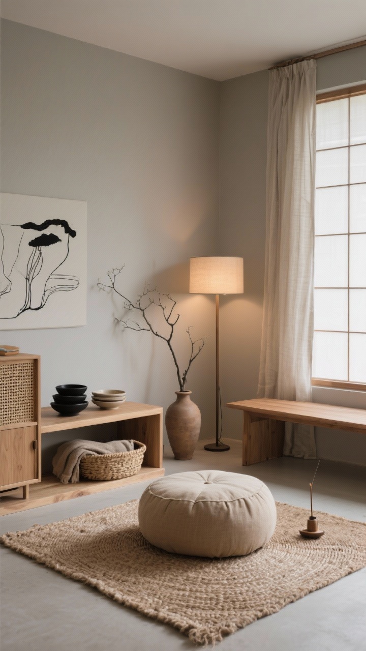 Wide shot, Japandi Calm Nook: a serene corner with a low-profile oak platform and handwoven jute rug; a buckwheat-filled round zabuton and zafu set in warm oatmeal with subtle linen texture centered on the rug; walls in muted greige, a light flax curtain filtering daylight into a soft glow; slender shoji-style floor lamp casting warm, diffused evening light; low oak bench holding a single branch in a clay vase; black ink line art on the wall, stacked ceramic bowls, woven basket for blankets; soft black accents, oat and pale wood palette; lidded cane cabinet hiding clutter; a cedar incense holder placed minimally; photorealistic, calm, uncluttered composition, straight-on view.