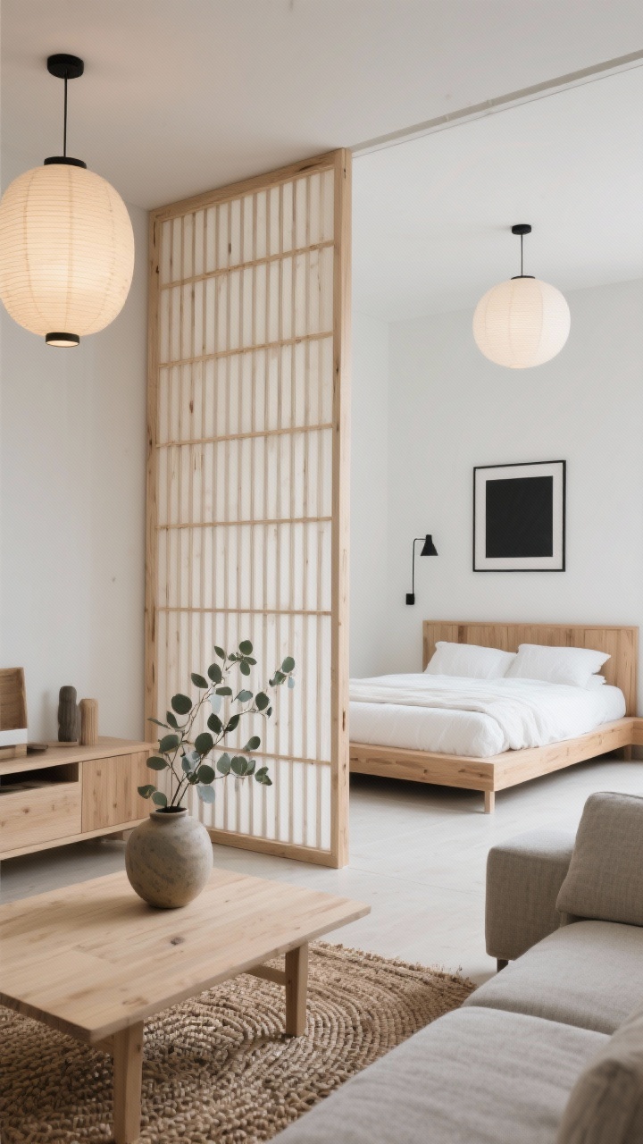 Wide shot, Japandi living room divided by a floor-to-ceiling airy slatted wood screen in light matte oak, slats evenly spaced to let light pass and maintain sightlines; living side features a low-profile stone-colored linen sofa, pale wood coffee table styled with an oversized ceramic vase and eucalyptus stems, braided jute rug, slim black frame art; bedroom side shows a platform bed with a natural wood headboard, crisp white bedding, a single black sconce; diffused paper lantern pendants create soft, serene lighting; palette of oak, white, charcoal, and sandy neutrals; calm, minimal mood, no people, photorealistic, corner angle to show both zones.