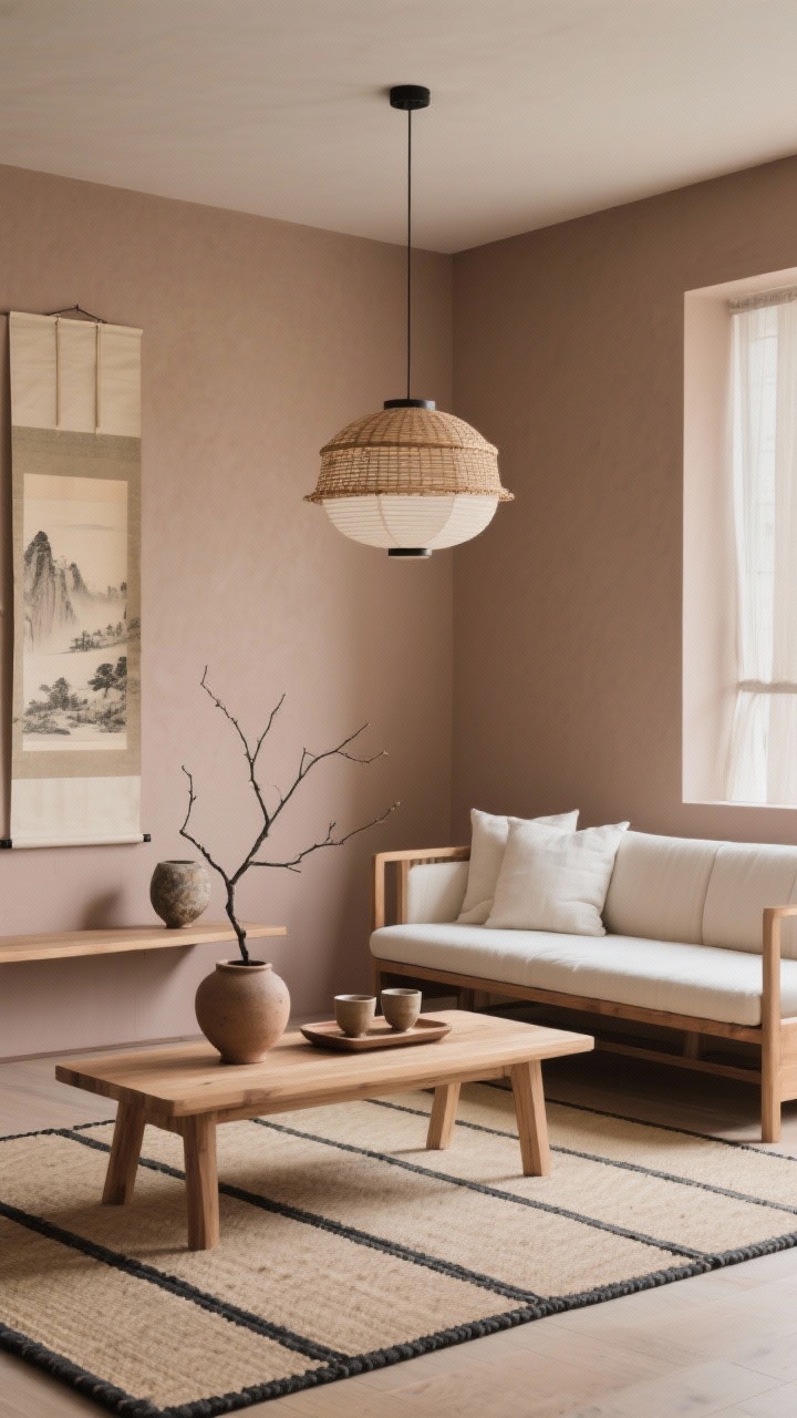 Wide shot, Japandi Zen layout: mushroom-colored walls, tatami-inspired flatweave rug; low pine wood sofa frame with ivory cushions; a ribbon-legged bench used as a minimalist coffee table; paper rice lantern pendant overhead; rattan, linen, paper, and clay materials featured; decor kept sparse—a single branch in a clay vessel on the bench, hand-thrown cups on a tray, one wabi-sabi ceramic on a shelf, a neutral landscape scroll on the wall; warm neutrals, soft black, natural wood palette; generous negative space between pieces; soft daylight, photorealistic, calm corner perspective.