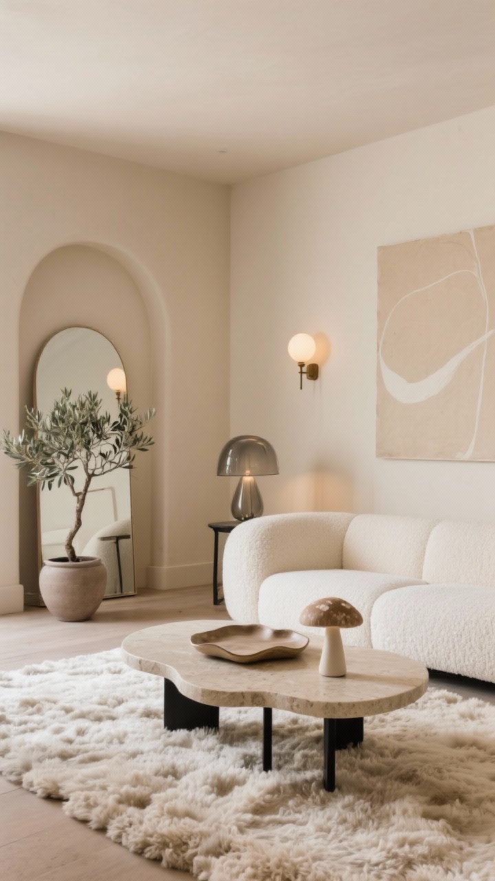 Wide shot, living room: warm oatmeal-painted walls, low-profile ivory bouclé sofa, rounded creamy stone plinth coffee table, soft palette of taupe/ivory/biscuit with subtle matte black metal legs on furniture; high-pile shag rug underfoot; curvy accents including an arched floor mirror, wavy-edge tray on the table, mushroom table lamp; one oversized beige-on-beige abstract art print on the wall; soft globe sconces with dimmable warm bulbs; a single sculptural olive tree in a matte ceramic pot; smoked-glass lamp adding gentle contrast; clean, cloud-like, photorealistic, no people.