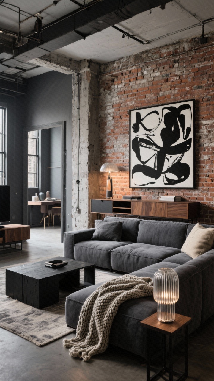 Wide shot, low angle from room entrance: Urban loft featuring a modular sectional in charcoal performance fabric wrapping the area against exposed brick; layered textiles soften the industrial edge; a large-scale black-and-white abstract artwork over the sofa; low, blocky blackened-wood coffee table with a chunky knit throw draped nearby; ribbed glass floor lamp illuminating a cool media console; palette of charcoal, black, walnut, bone with a rust accent; layout shows sectional floated with a console table behind; edgy yet inviting, photorealistic.