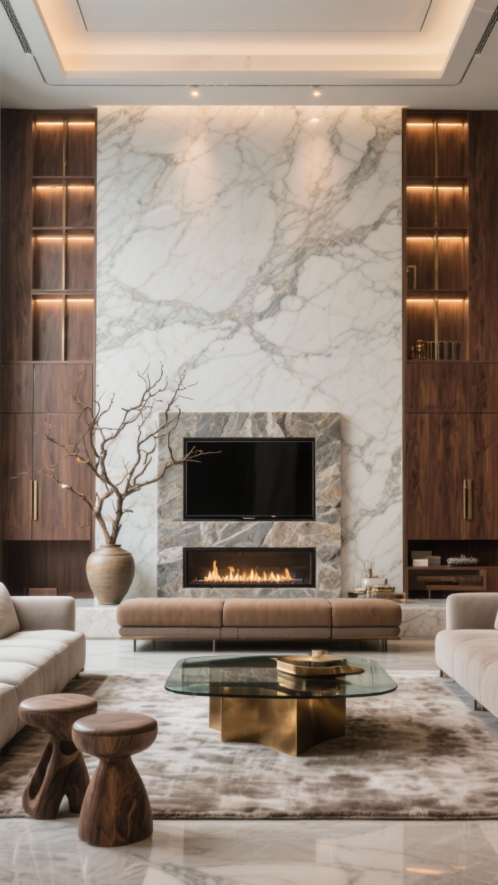 Wide shot, luxury focal wall: A floor-to-ceiling veined porcelain slab or honed marble wall with a centered stone “frame” housing a TV and a linear gas fireplace side-by-side. Walnut veneer cabinetry flanks both sides for hidden storage and symmetry. Upholstered bench under the stone, modular sectional, and a glass-and-bronze coffee table on a plush rug. Recessed downlights above and warm LED strips within cabinetry reveals. Decor includes oversized branches in a ceramic vase and a pair of sculptural stools. Polished, hotel-like elegance.