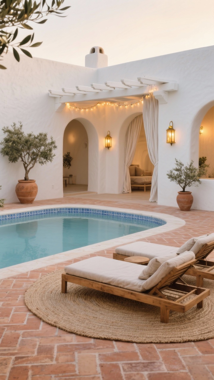 Wide shot, Mediterranean Plunge Courtyard: An above-ground pool wrapped in smooth whitewashed stucco half-walls with rounded coping, a soft blue tile band just beneath the waterline, and a herringbone layout of terracotta-look porcelain pavers underfoot. A white pergola with gauzy curtains casts warm string lights, arch-shaped wall niches hold brass lanterns with glowing sconces, and oversized clay pots with olive trees frame two low teak loungers with linen cushions atop a chunky round jute rug. Palette of chalky white, terracotta, pale blue, and sun-faded wood; evening golden-hour ambiance, no people.