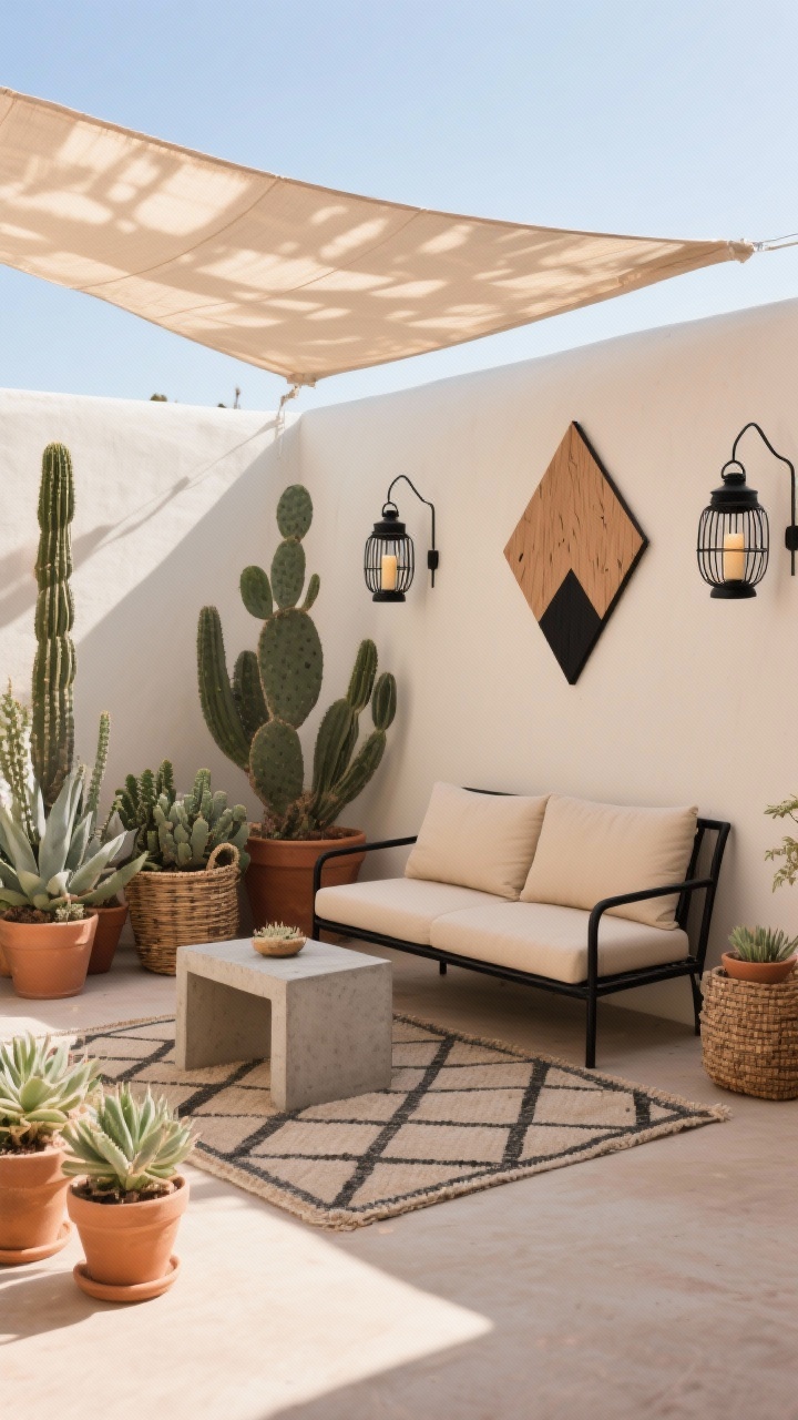 Wide shot, midday sun: A minimalist desert micro-patio with Southwestern style and a palette of sand, clay, and matte black. A slim-profile matte-black metal loveseat with sand-colored cushions sits on a geometric outdoor rug. A concrete-look side table holds a small object. Clusters of succulents and cacti in terracotta pots of various sizes create sculptural forms. A budget sail shade stretches overhead for dappled shade; a woven wall basket and a simple DIY plywood art panel painted in angular triangles add texture. Black wire lanterns with faux candles wait for evening drama. Photorealistic.
